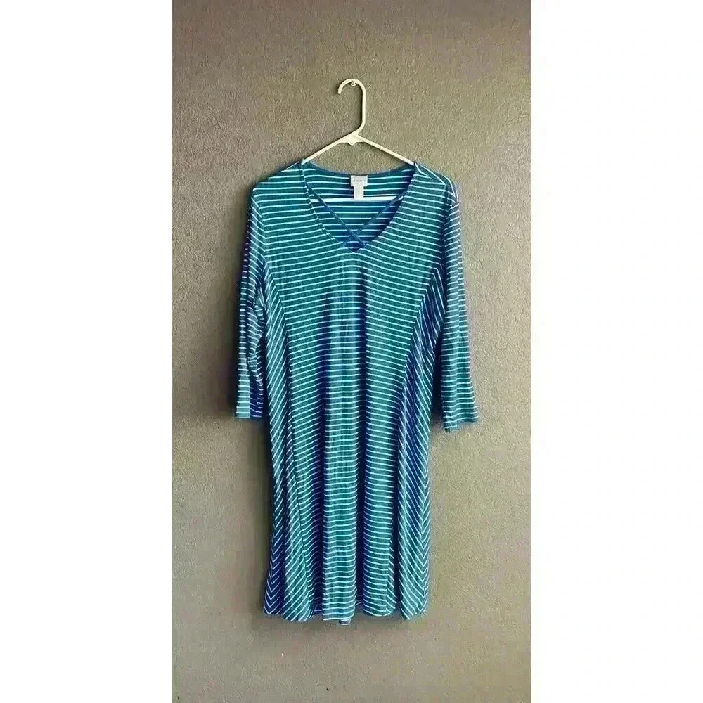 Chicos Stretch Lightweight Striped Lagenlook T- Shirt Dress Size 2 Blue White
